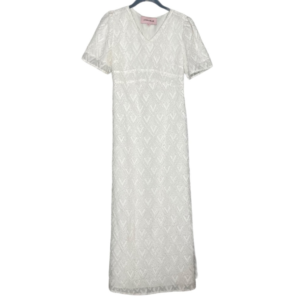 Jessakae maxi dress white short sleeve feather diamond pattern women’s small